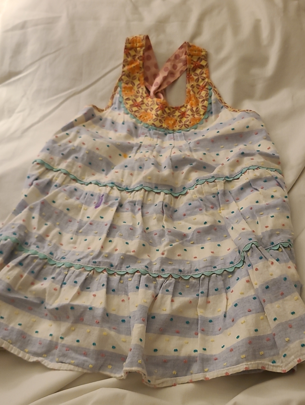 Matilda Jane White Tiered Dress with Pastel Polka Dots and Yellow Floral Yoke